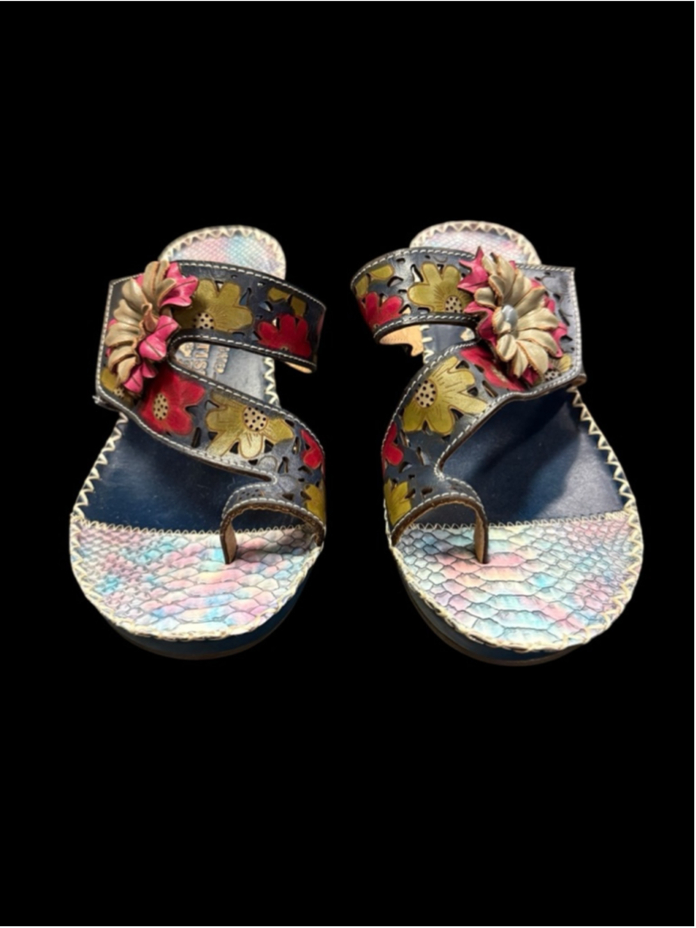 Women's L'ARTISTE Blue Multi-color Floral Wedge Sandals Size 9-9.5